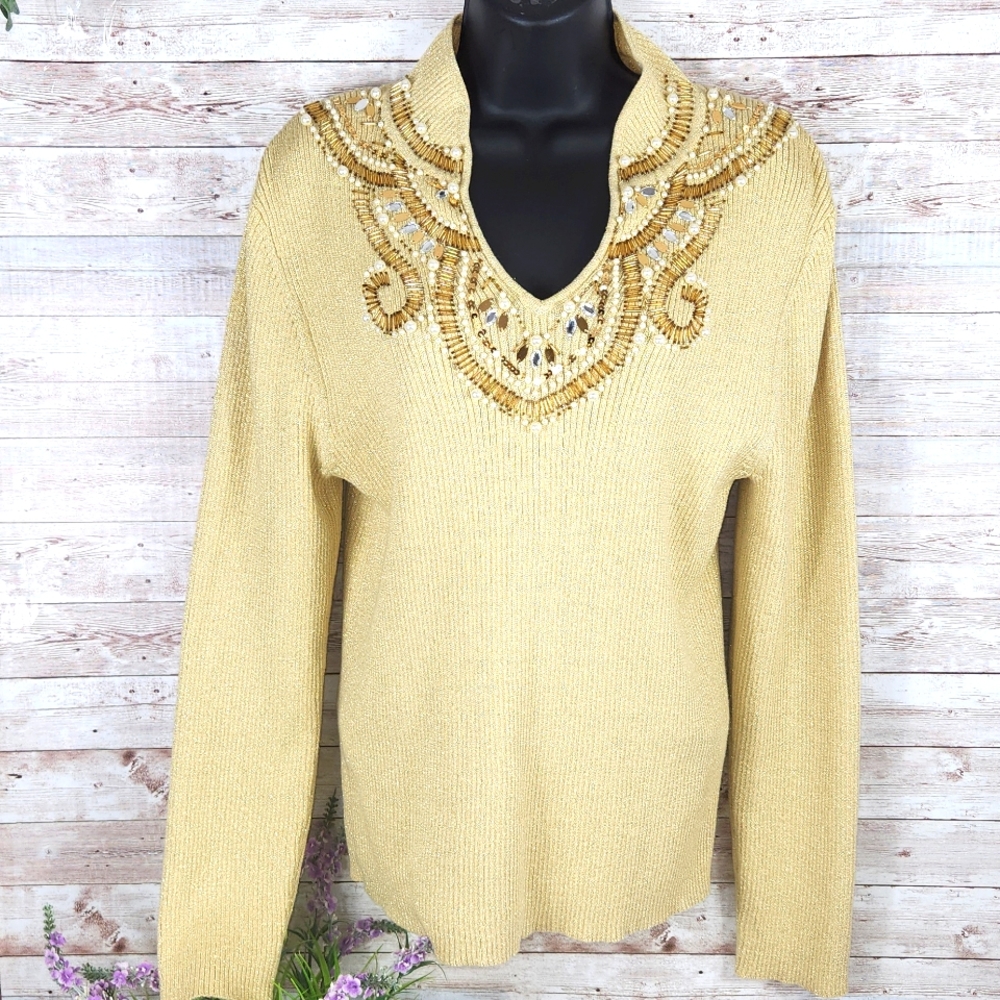 Lauren Michelle, Gold scooped beaded and pearls neckline. Size M